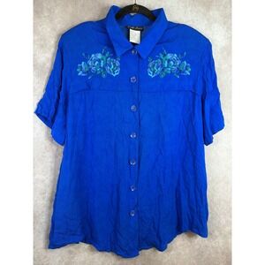 NWT VTG 90s Jennifer Lauren Button Down Shirt Women 1X Blue Floral Graphic Rayon